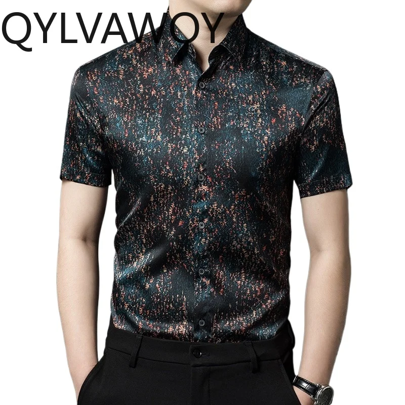 

QYLVAWOY 92%Real Mulberry Silk Men's Shirts Printed Tops Short Sleeves Shirt Satin High-end Lapel Shirts for Men Business Casual