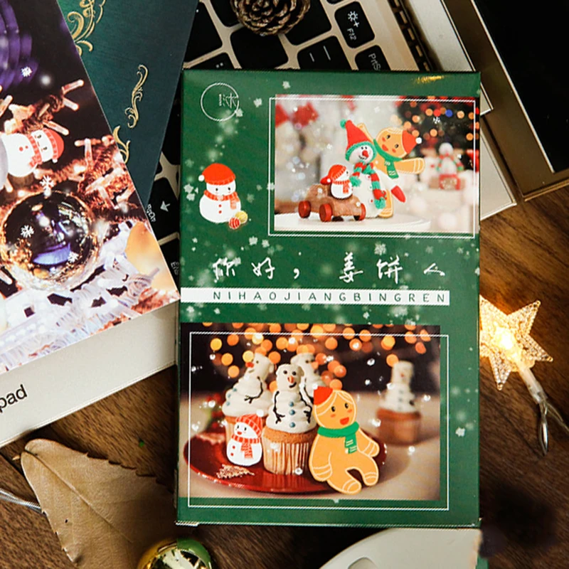 ‌30PCS Christmas Gingerbread Man Postcards Set - DIY Cartoon Greeting Message Cards Xmas and New Year Gift