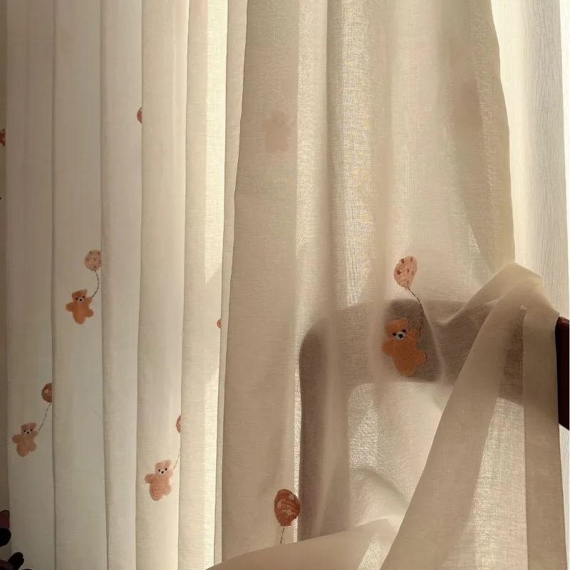 Embroidered Bear Cartoon Sheer Curtain Soft Light Children's Room Cute Ins Style Living Room Balcony Bedroom Custom Size Tulle