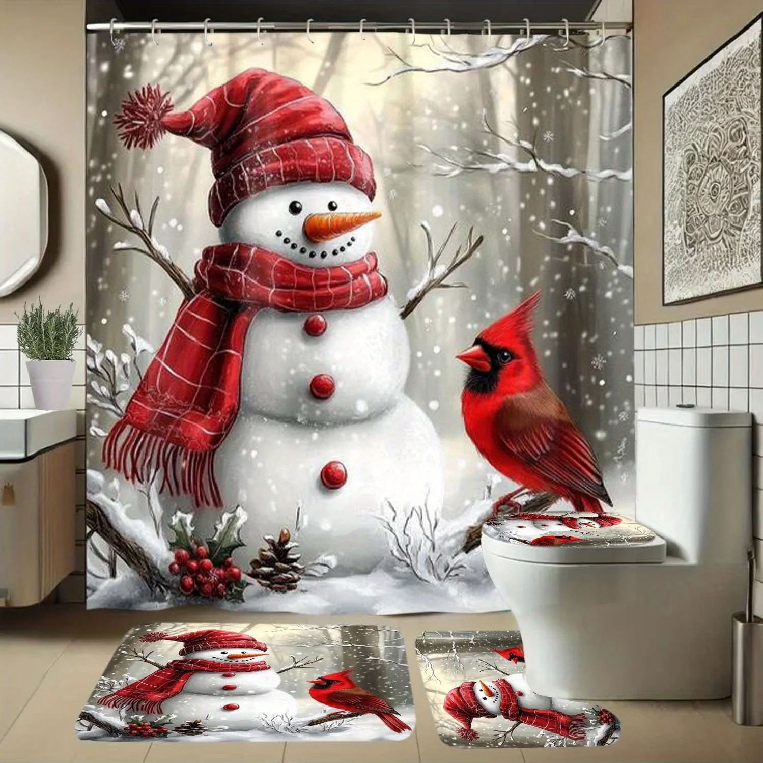 

4pcs Snowman, Red Bird, Snow Scene Pattern Shower Curtain with Hooks, Bathroom Partition Curtain, Bathroom Accessories, Home