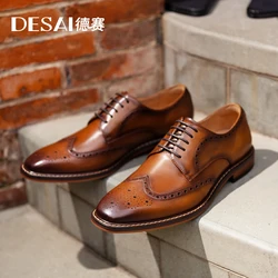 DESAI Men Shoes Mens Genuine Leather Business Dress Retro Gentleman Formal Carved Brogue Formal Shoes Men High Quality