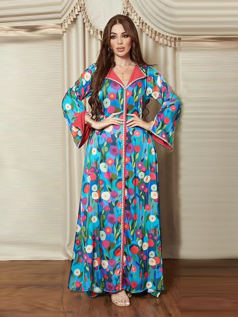 Eid Satin Diamond Long Dress for Women Jalabiya Dresses Muslim Abaya Lapel Floral Print Robe Moroccan Caftan Party Vestidos 2023