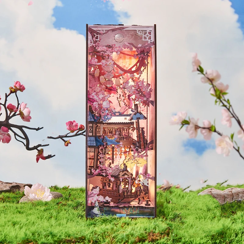DIY Wooden Book Nook Figurines Miniatures Spring Sakura Bookend Handmade Bookshelf for Friends Birthday Gifts Home Decor Crafts
