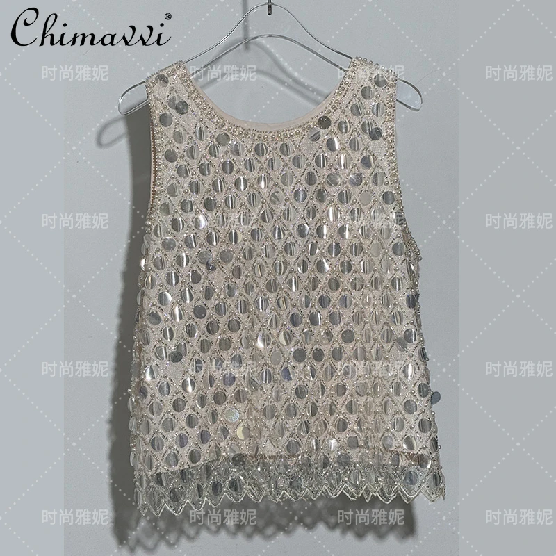 ヘビービッグスパンコール高級ベストパールトップ多用途女性の夏の新ファッションノースリーブクルーネックパフォーマンス服ルーズタンク