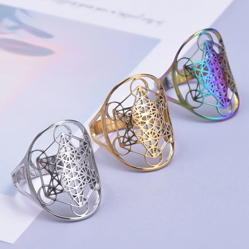Exquisite Hollow Six Point Star Adjustable Rings For Women Men Stainless Steel Fashion Geometric Oval Finger Ring Jewelry Gift