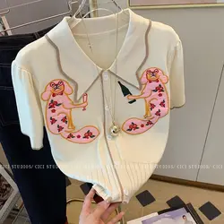 New V-neck Fashion Ladies Embroidered Tops Summer Temperament Short Sleeve Blouses 2024 New Elegant Cartoon Women's Clothing