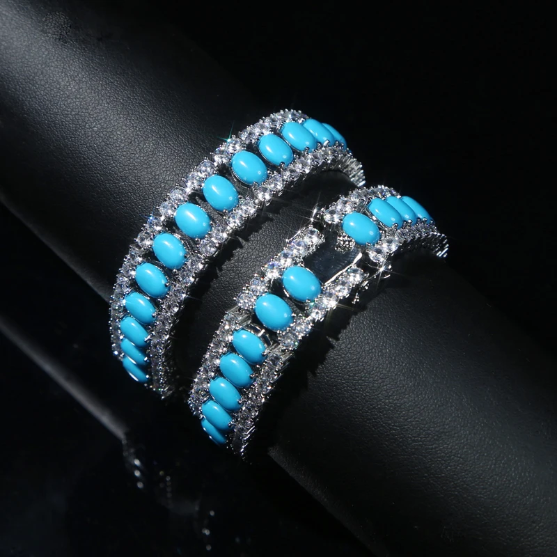 White Gold Plated Color Fashion High Quality Women Girl Jewelry Geometric Oval Shaped Blue Turquoises AAA CZ Tennis Bracelets