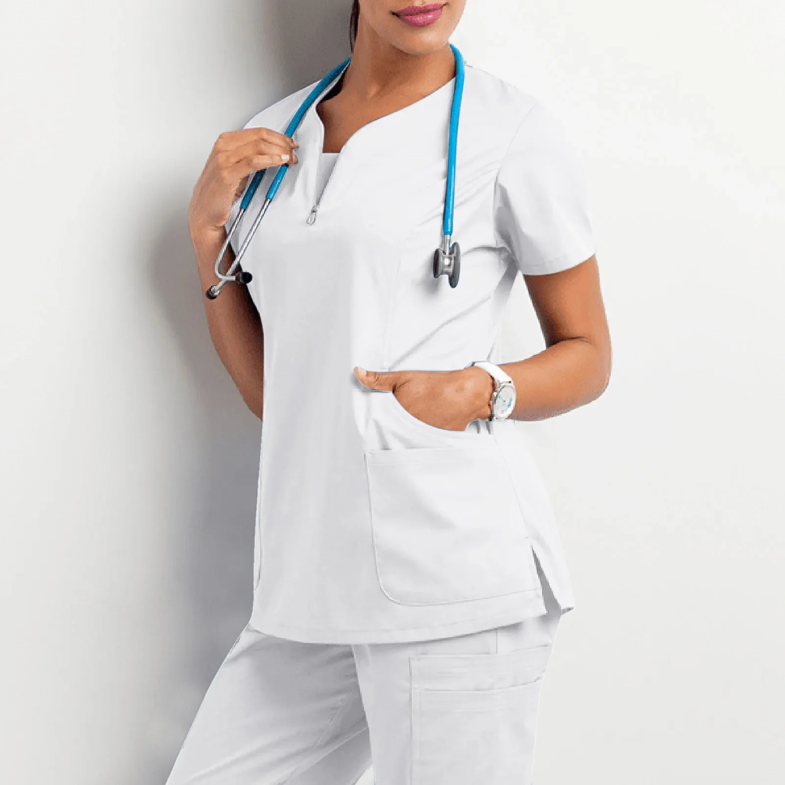 Women Short Sleeve Scrub Tops Solid Nurse Uniform V-Neck Pocket Care Workers T-Shirt Tops Clinic Beauty Salon Working Clothing