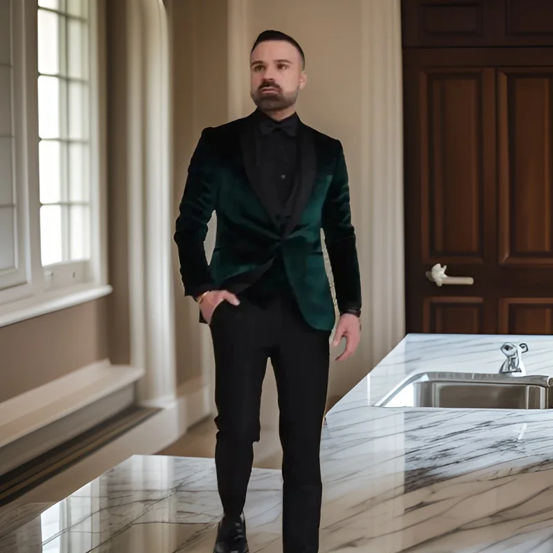 

2024 Wedding Groom Tuxedos Shawl Lapel Slim Fit Velvet Men Suits Business Fashion One Button Blazer 2 Pcs (Jacket + Pants)