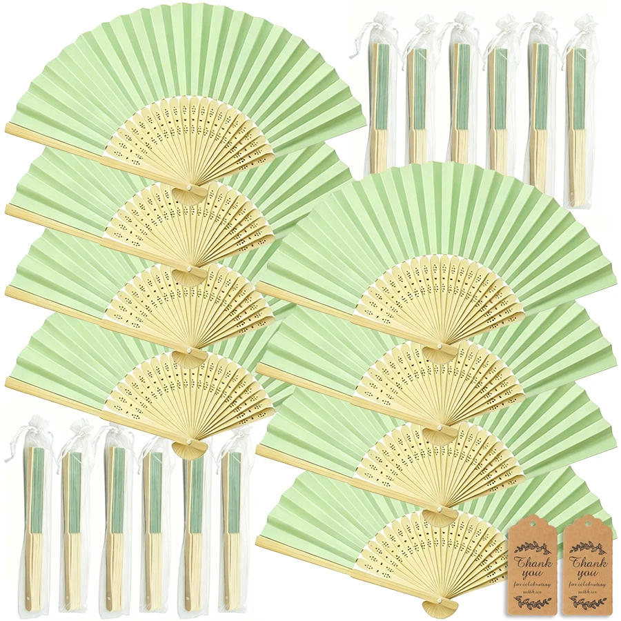 15/30pcs Green Folding Hand Fan Set, Includes Thank You Card And Gift Bag Bride's Bamboo Hand Fan Wedding Decor Summer Accessory