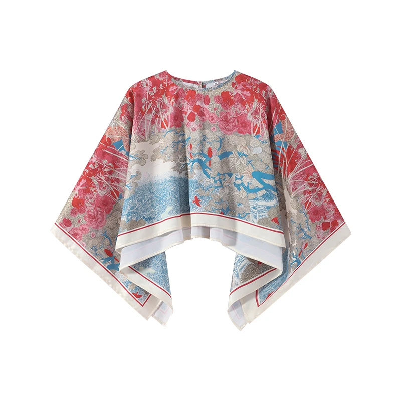 Women Tropical Leaf Print Cape Two Piece Set Batwing Loose Top High Waist Maxi Dress 2026 Summer Fashion Vacation Casual Suit