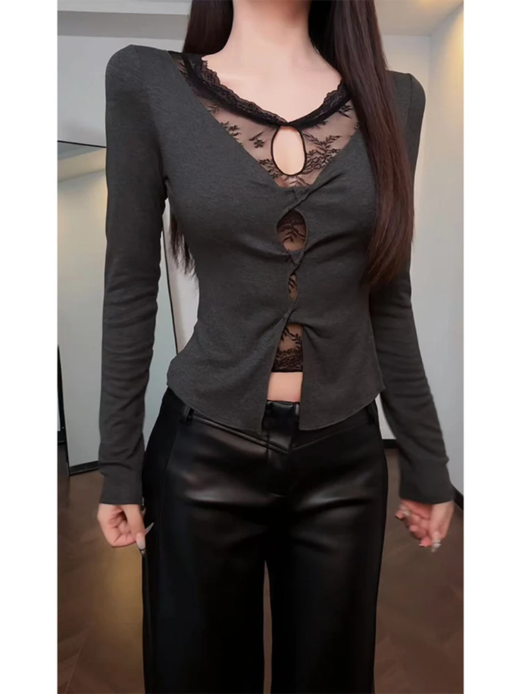 

Ele Long Sve Lace Trim Slim Fit Women's T-irt Base Layer irt Design Sensation Two-Piece Look Creative Pattern