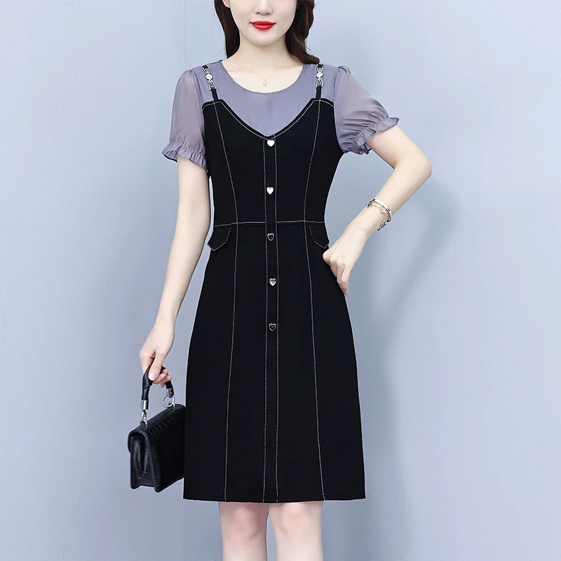 Casual Office Dresses For Women Summer Female O Neck Short Sleeve Large Size 5XL Mid-length ​Black Fake Two Pieces Loose Vestido