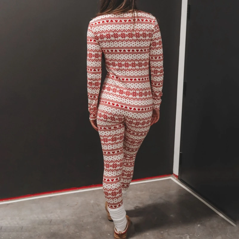 Dames Kerst Pyjama Romper Lange Mouw Ritssluiting Jumpsuit Knoop Bodycon Bodysuit Sneeuwvlok Plaid Print Loungewear