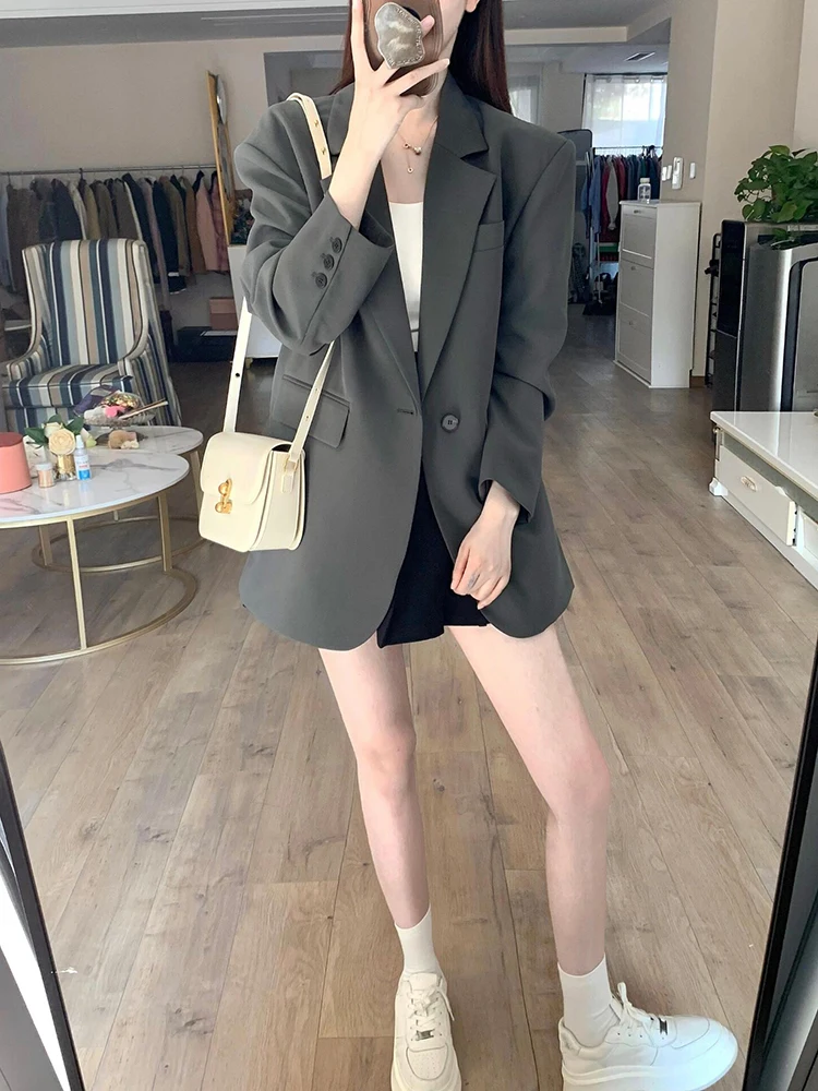 

Gray Suit Jacket Women's Loose Casual Korean Style Fall New Fashion 2024 Commute Style Long Sleeve Single Button Pure Color