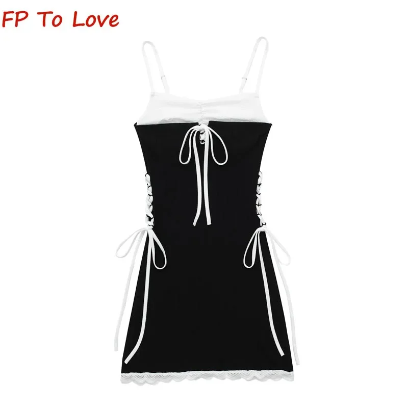 Y2K Black Sexy One Neck Plunge Clash Color Side Waist Tie Hollow Slim Spice Girl Tie Halter Dresses