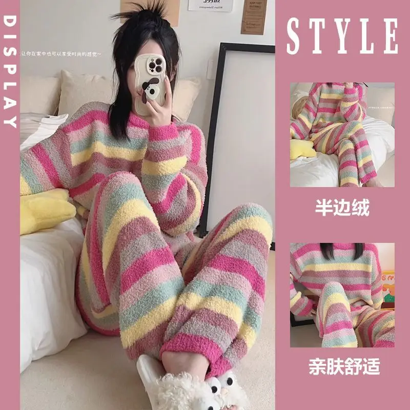 Student Cartoon Rainbow Pattern Pajamas 2Pcs Women's Autumn Winter Korean Anime Sweet Thick Warm Comfort Soft Home Clothes Set