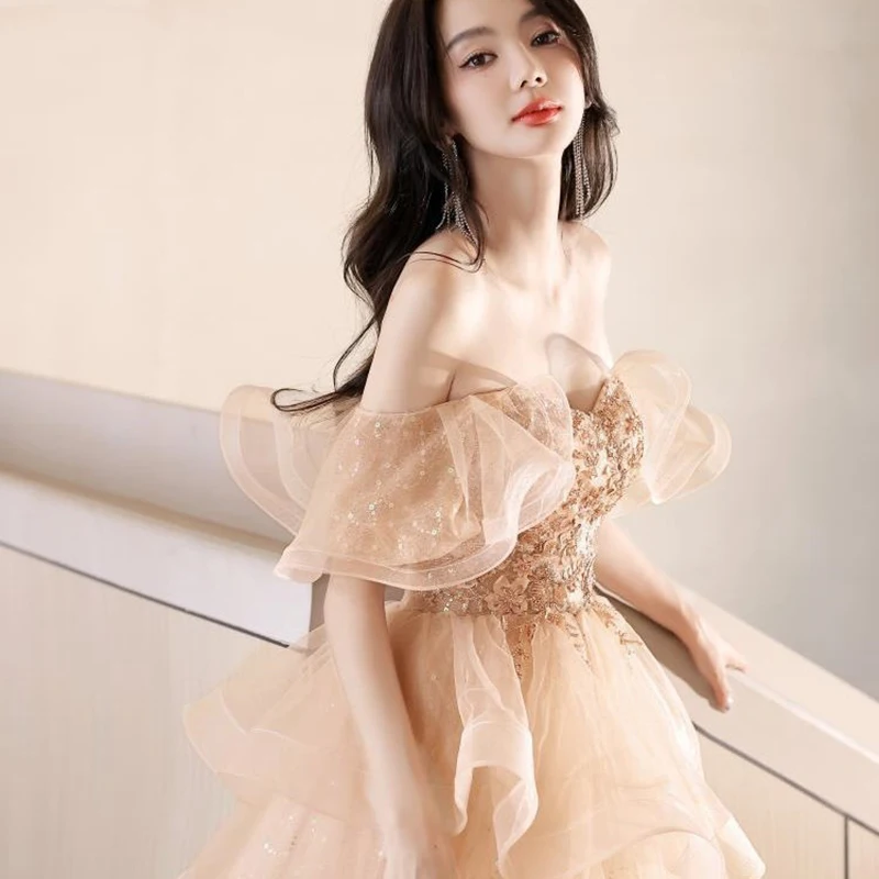 

French Style Banquet Evening Dress Women New Off Shoulder Ruffles Temperament Quinceanera Dresses Luxury Elegant Graduation Gown