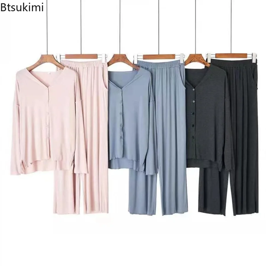 Women's 2 Pieces Home Suit Spring and Autumn New Long Sleeve Pajama Sets Solid Color Loose Soft Cardigan Sleepwear Loungewear