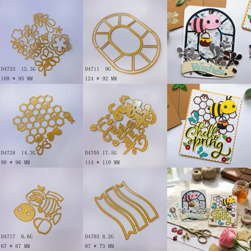 Bee Honeycomb Floral Frame Phrase Border Metal Cutting Dies DIY Scrapbooking Spring Cardmaking Paper Embossing Craft Template
