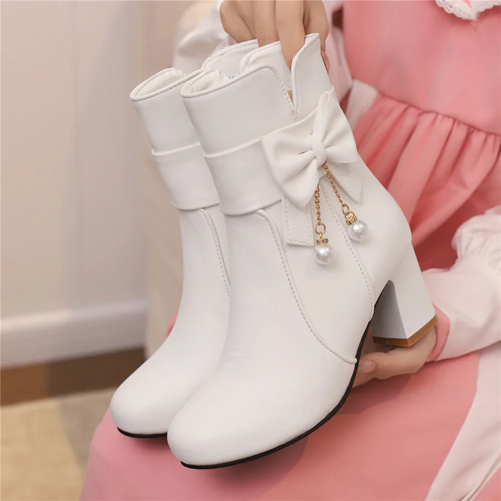 2024 Autumn New Women Side Zipper Bow Chain Beadwork Мартин Cапоги Comfortable Square Mid Heel Ankle Boots Fashion Shoes Chelsea