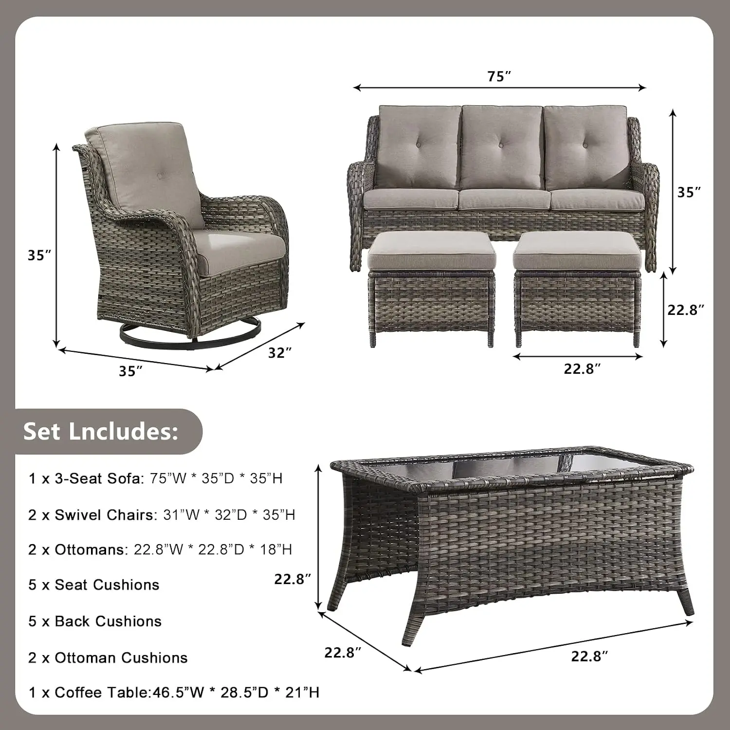 6-Piece Rattan Wicker Patio Set With Swivel Rockers, Ottomans, Sofa & Table For Porch Deck Yard, Customized