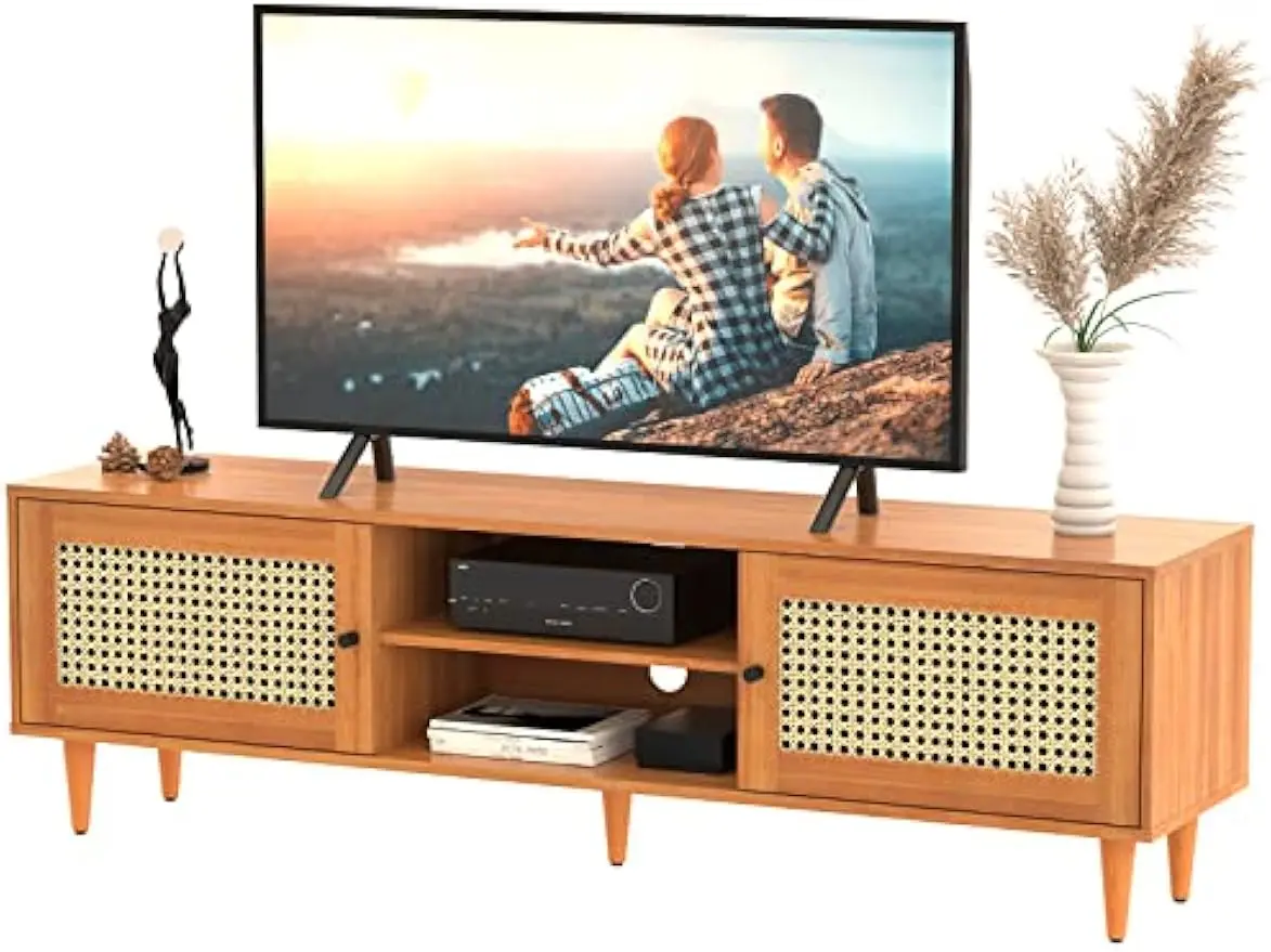 Rattan TV Stand for 65 inch TV, Farmhouse Rattan Entertainment Center with Storage and Open Shelves, Mid Century Modern