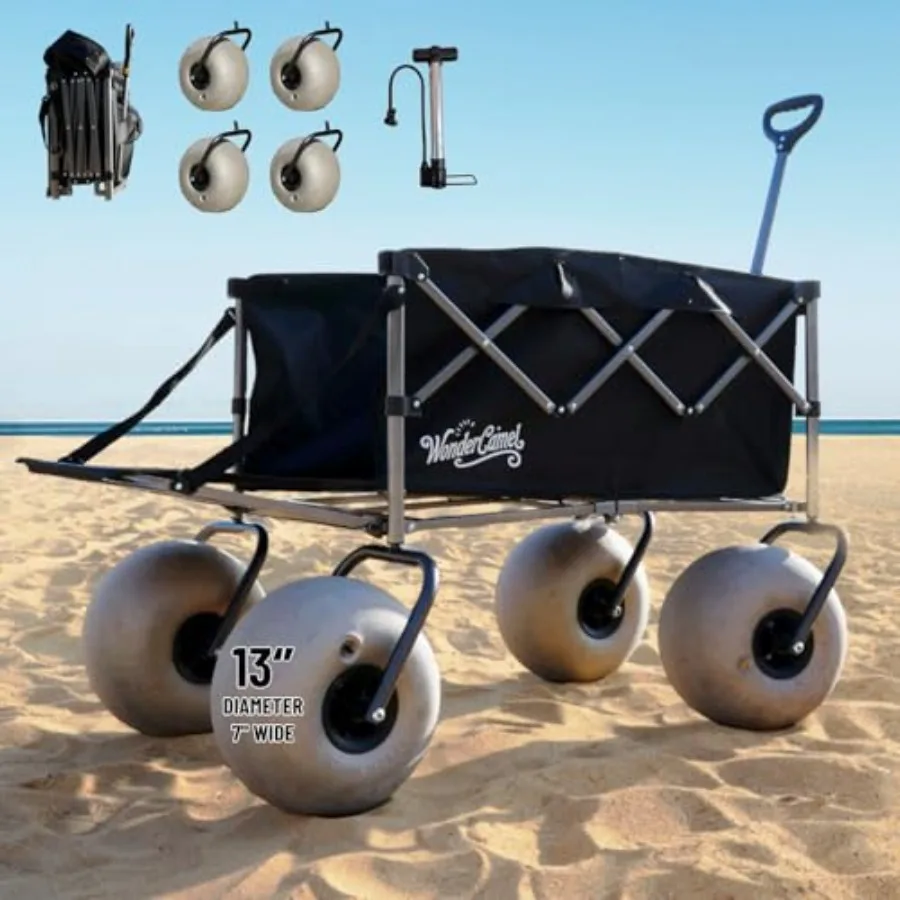 Beach wagon for sand use, aluminum alloy frame, black color, 13-inch balloon wheels with extended tailgate and compact folding