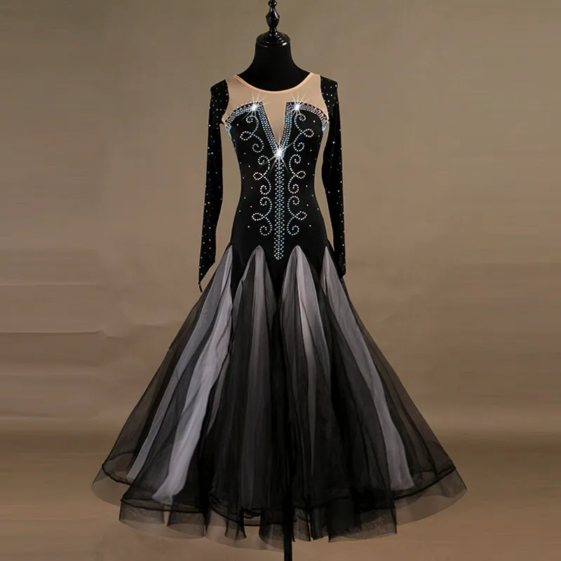 V‑neck big swing dance dress with spiral rhinestone patterns on upper body,suitable for ballroom dance competition,stage perform