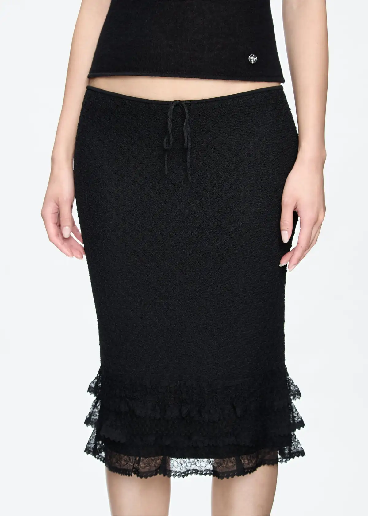 Falda de mujer con volantes de punto de lunares negros sin mangas, falda de longitud media muy elástica y versátil, falda de medusa sexy de cintura baja con cordón