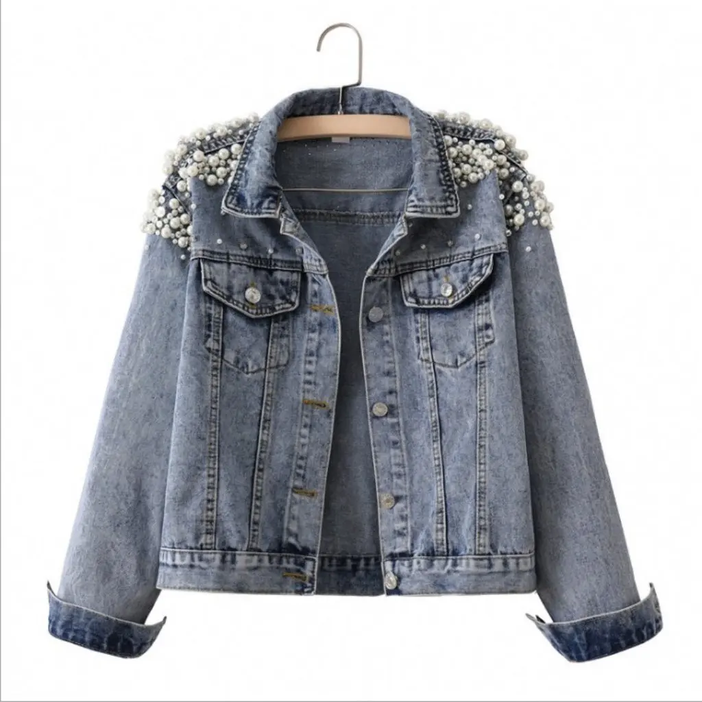 

Women's Beaded Casual Pearl Jacket Loose Slimming Denim Top European American Style Spring Autumn