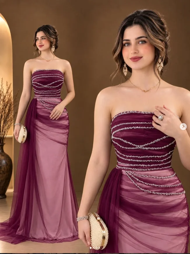Wine Red Beaded Saudi Arabic Lilac Evening Dress Gradient Formal Prom Gown For Women Party Customized