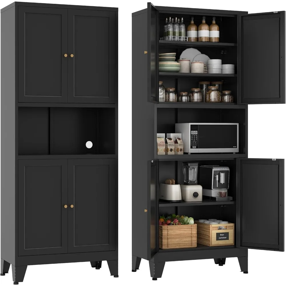 

69''Metal Pantry Storage Cabinet with 4 Doors & 3 Adjustable Shelves,Kitchen Pantry Cabinet with Microwave Shelf,Microwave Stand
