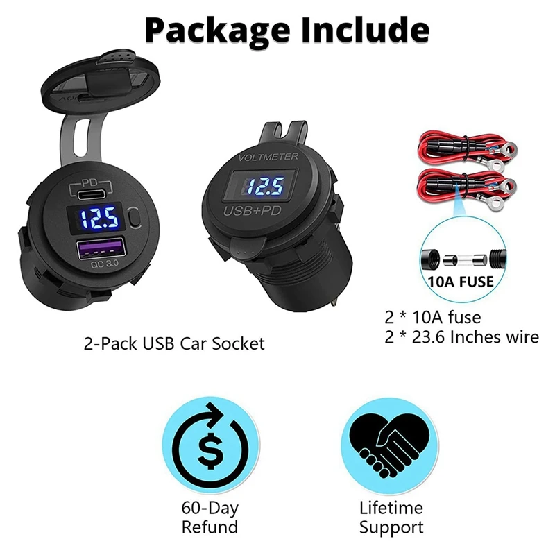 2X Car Dual USB Charger Quick Charge QC 3.0 & PD USB Charger Socket Adapter With Switch Voltmeter For Trucks