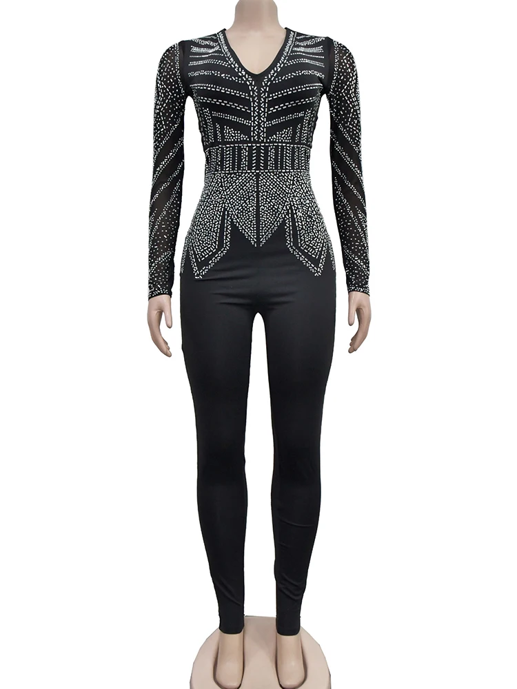 

Leisure V-Neck Hot Diamond Elastic Jumpsuit 2024 New Fashion Customized Women'S Clothing