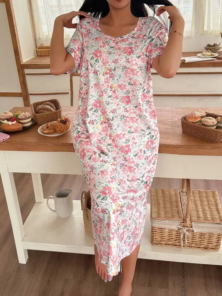 

Women Floral Print Round Neck Short Sleeve Nightgown Casual Babydoll Dress Summer