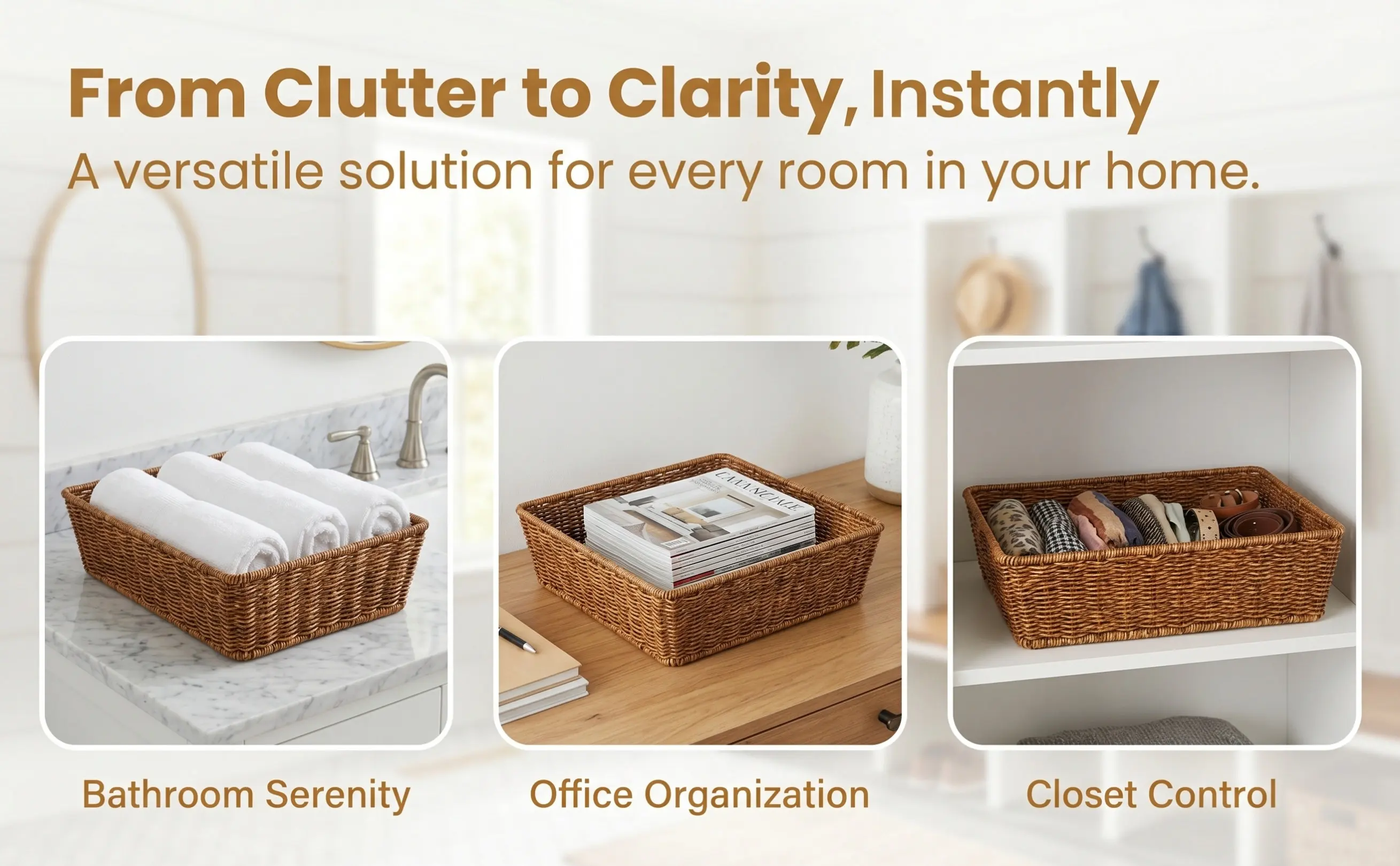 Imitation Rattan Woven Storage Basket Book Organizer Desktop Sundry Tray Fruit Snack Container Home Office Kitchen Decor Sturdy
