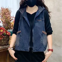 Vintage Women's Hooded Denim Tank Top Denim Waistcoat Short Jacket Loose Plus Size Large Pocket Color-block Wash Cropped Vest