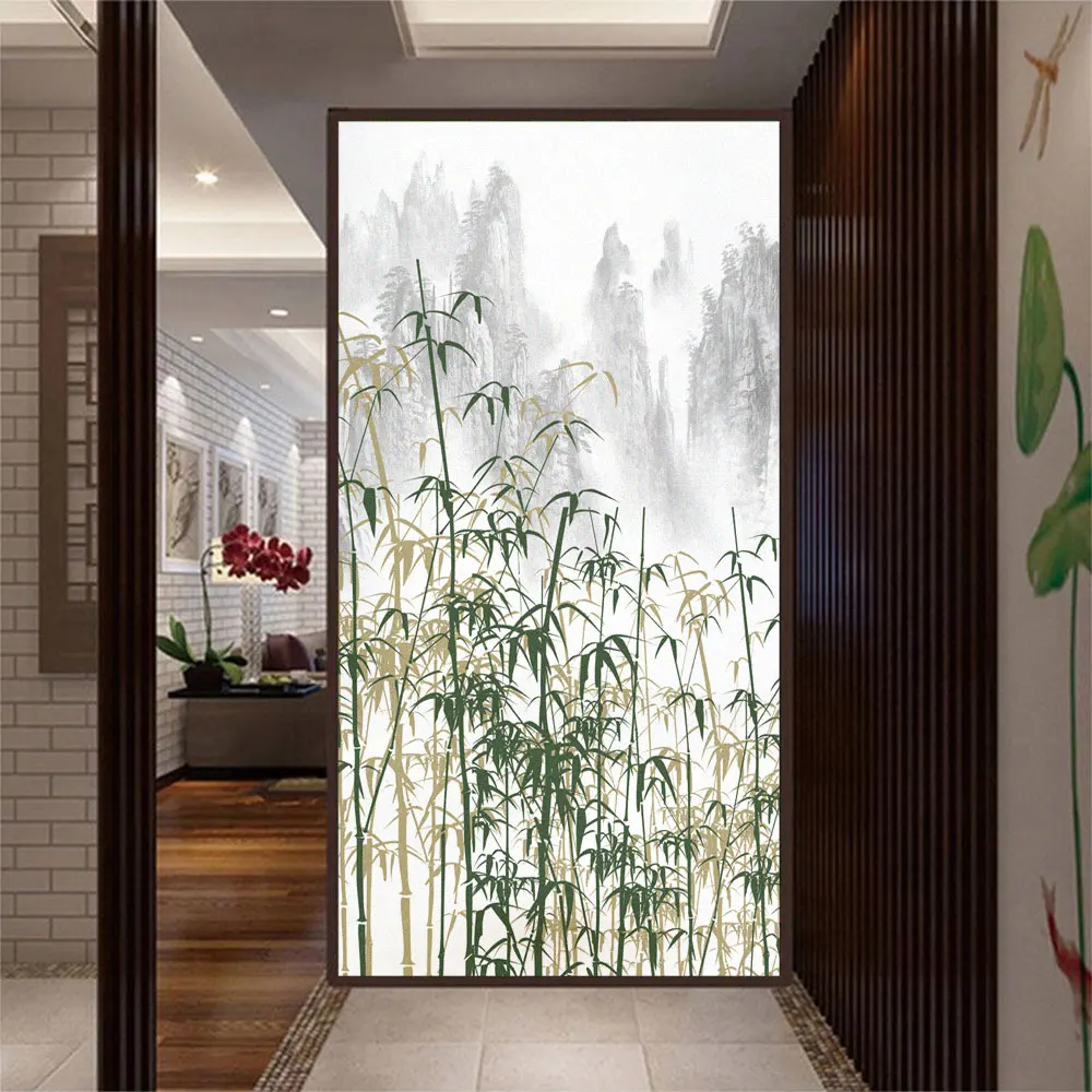 Glass Window Privacy Frosted Film Landscape Bamboo Pattern Non-Glue Static Cling Glass Door Sticker Anti-UV Glass Window Film