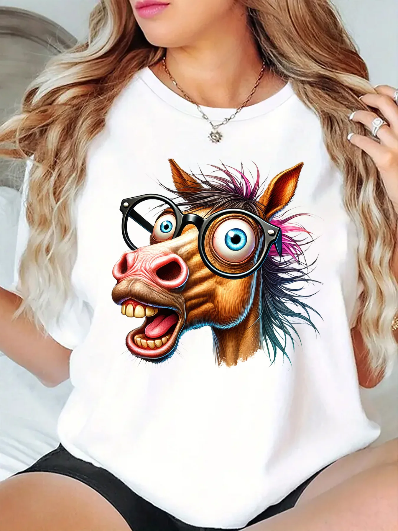 Funny Crazy Cartoon Horse Head With Big Glasses Art Graphic Womens T Shirt Short Sleeve Crew Neck Daily Casual Ladies Tee Tops