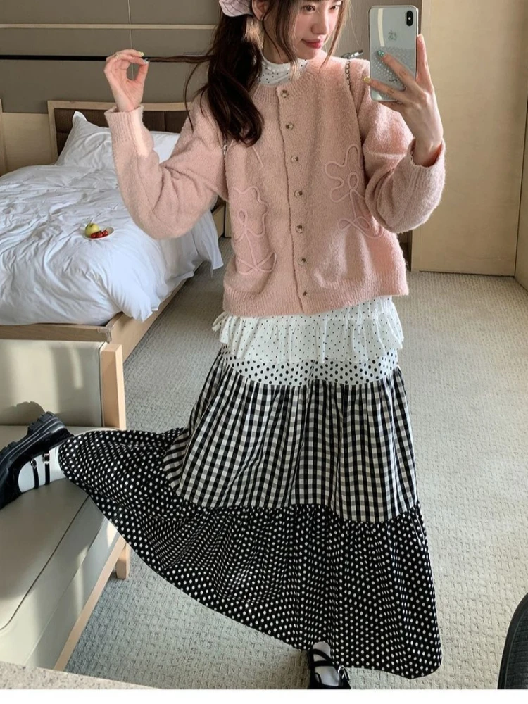 Women's retro patchwork layering color-blocking checkered polka dot skirt 2025 autumn/winter Edwardian casual and chic Lolita sk