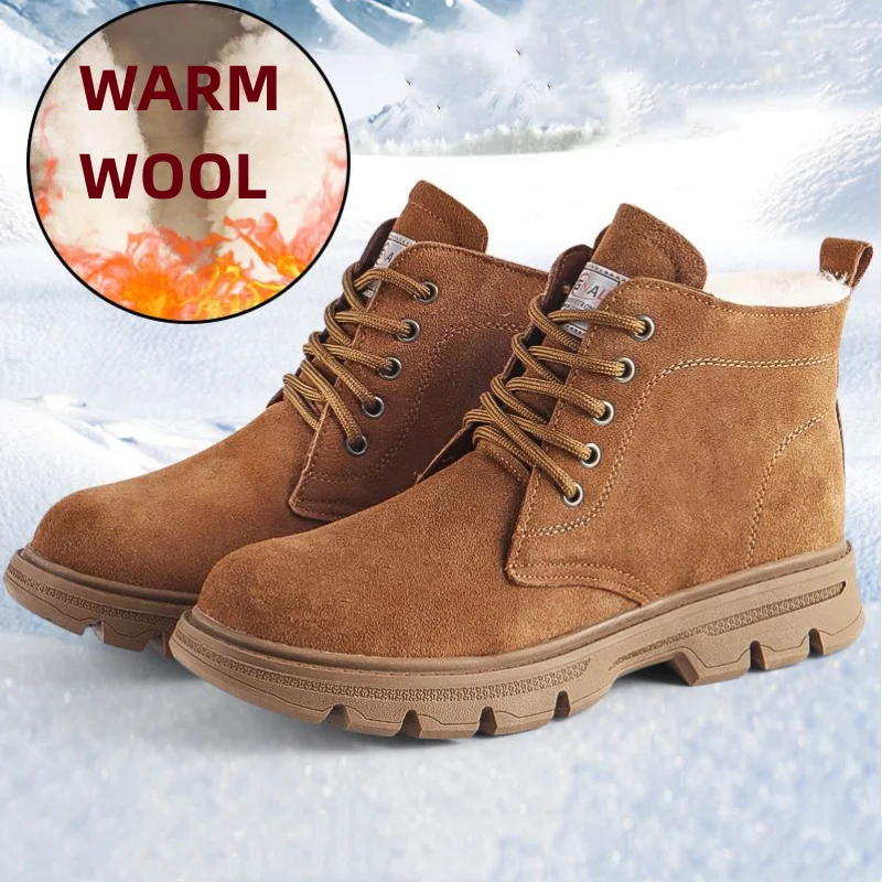 

Men's Cowhide Waterproof Boots Warm Thicken Wool Fur Winter Boot Snow Hiking Outdoor Walk Shoes Collision-proof Toe Ankle Shoe