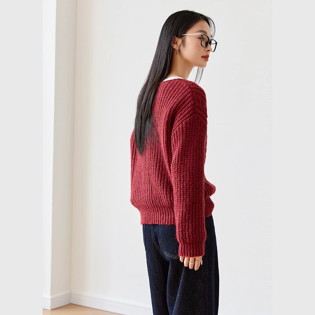 VIMLY Cardigan rosso donna Casual 2025 inverno girocollo lavorato a maglia all'uncinetto maglioni femminili cavo retrò maglioni larghi da donna 73658