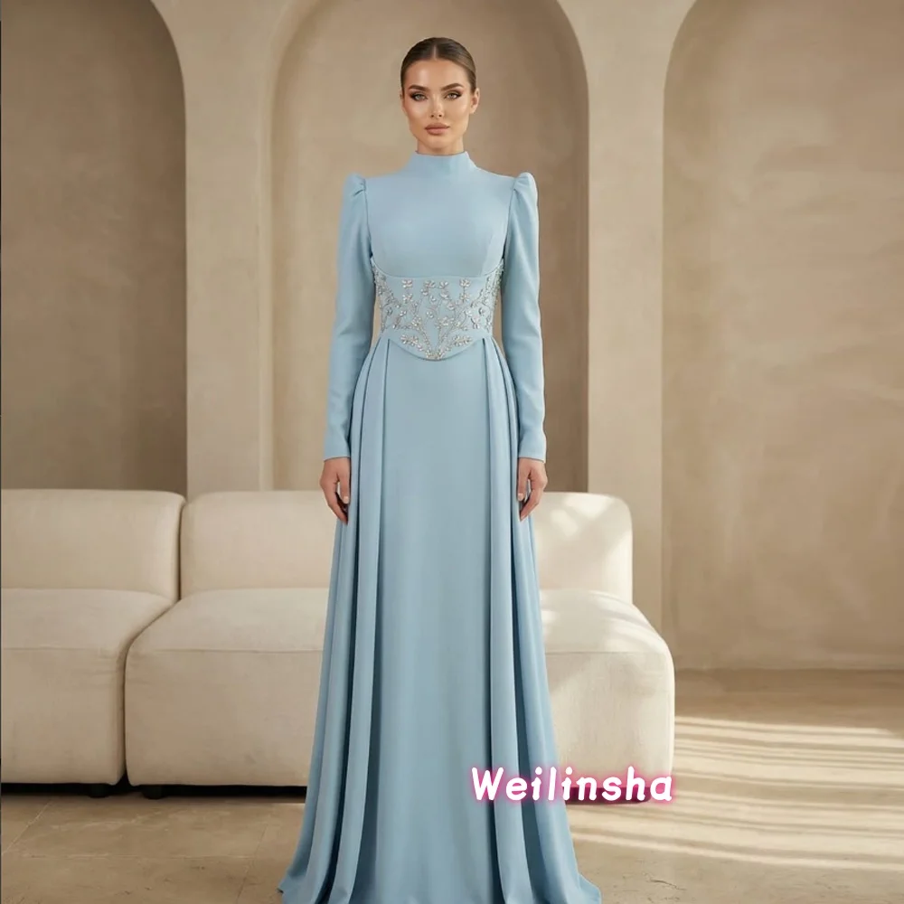

Customized Arabian Mother of the Bride Dress Elegant High Neck Full Sleeves Beading Crystal Corset Muslim Wedding Guest Dresses
