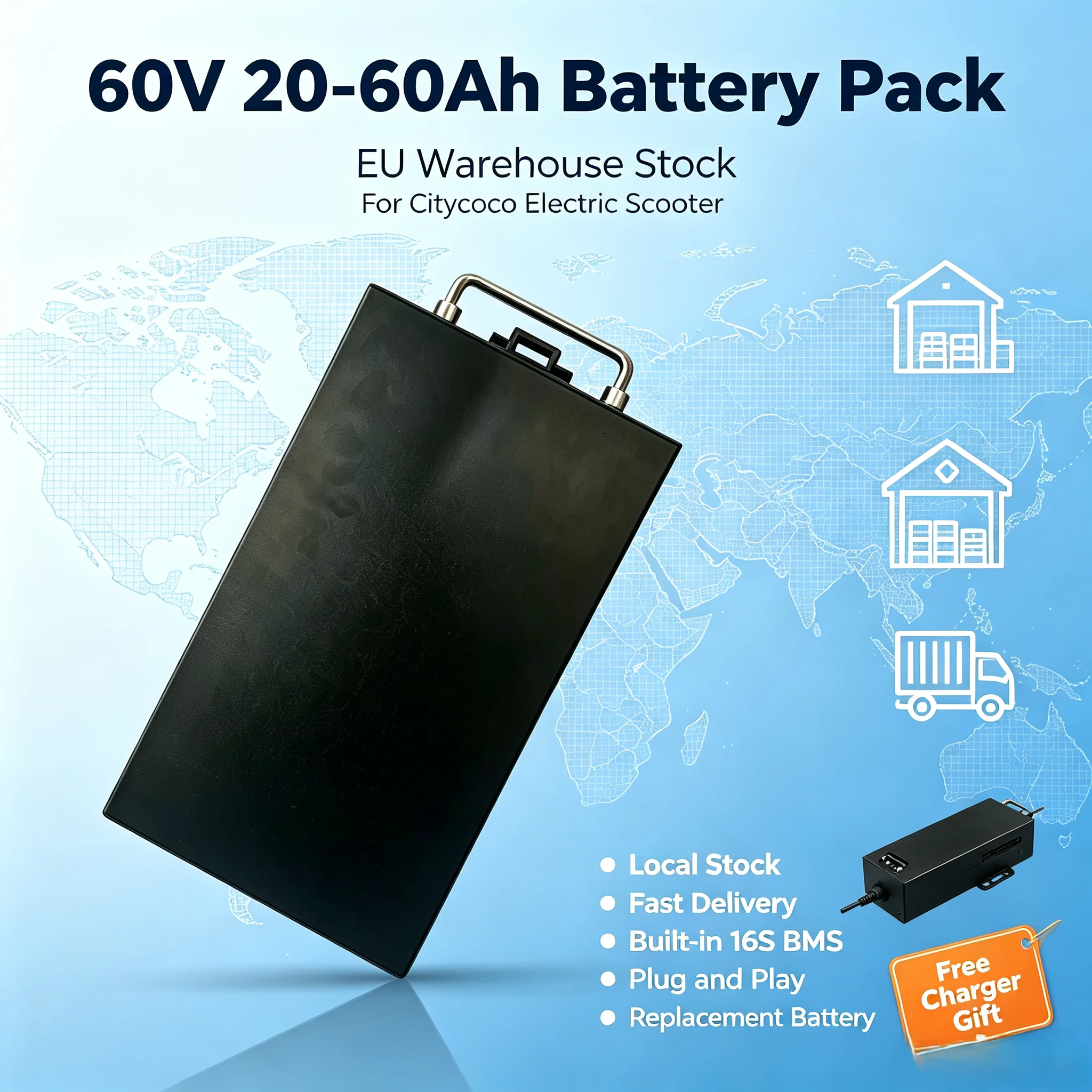 60V 20AH-60AH Lithium Battery for Citycoco Scooter Perfect Fit Built-in BMS Waterproof 10H Long Battery Life Free Charger DHL Fast Delivery