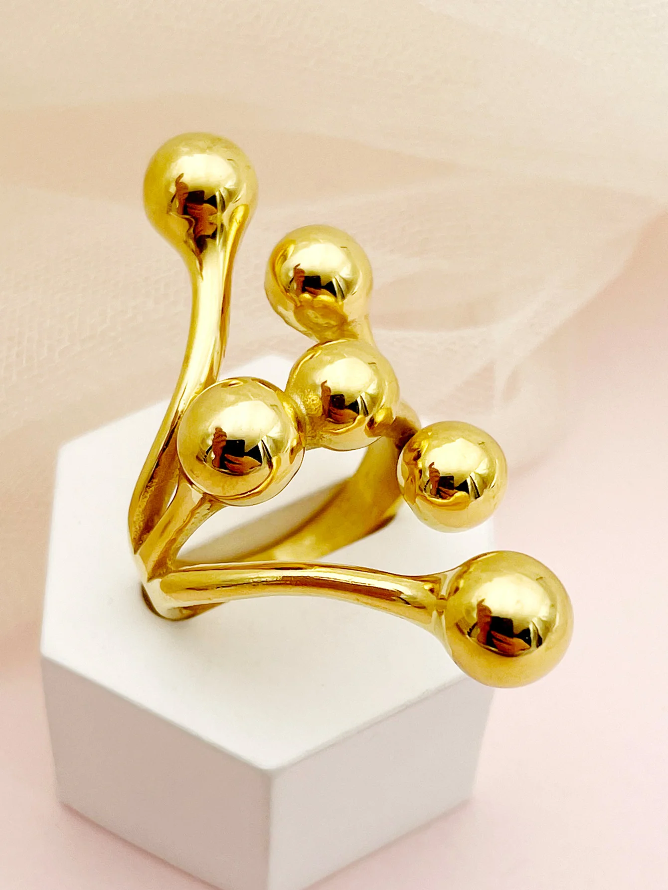 Unique 18K PVD coated gold irregular stainless steel bead ring, fashionable and chic, waterproof jewelry, creative piece.