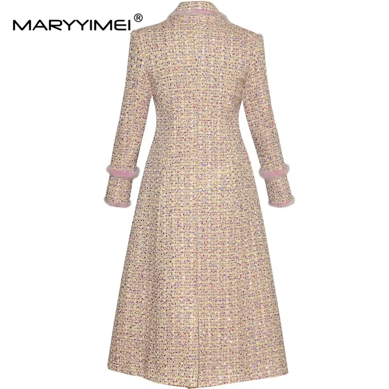 MARYYIMEI Autumn and Winter Women's Coat Notched Long-Sleeved Double-Breasted High waist Pink Plaid young girl style Overcoat