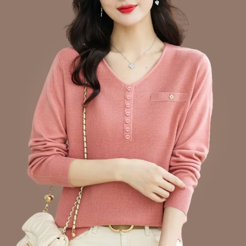 Spring Autumn Women\'s Clothing Solid Color Button Top Long Sleeve V-Neck Screw Thread Sweater Knitted Casual Elegant Tops