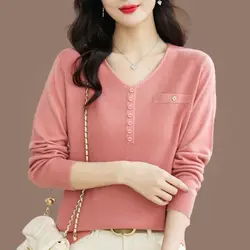 Spring Autumn Women's Clothing Solid Color Button Top Long Sleeve V-Neck Screw Thread Sweater Knitted Casual Elegant Tops