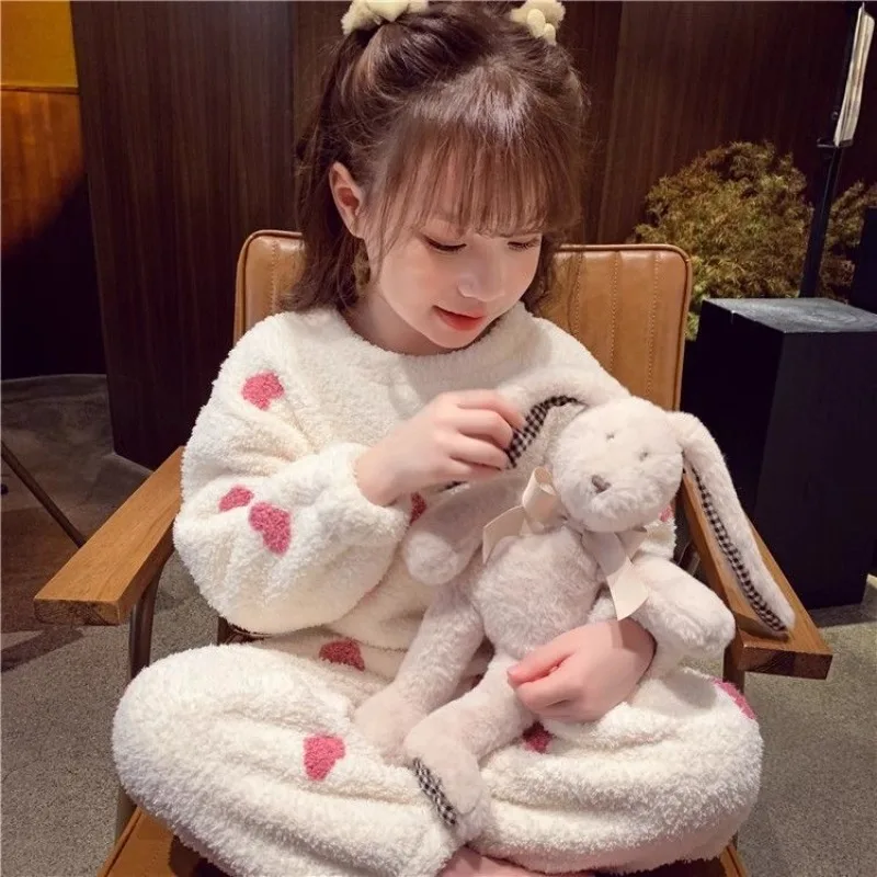 

Фланелевой пижамный комплект для девочек, осень-зима 2022, термоизолированный комплект больших размеров, милая домашняя одежда из двух предметов, хлопковый комплект